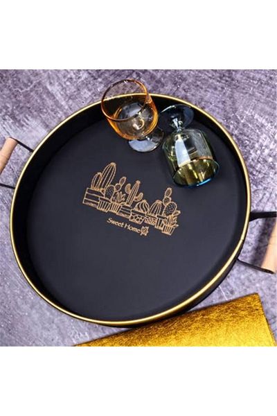 Lavin Metal Round Tray with Wooden Handle 29 Cm