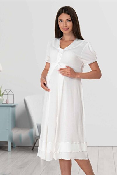 Genel Markalar Kadın Ekru Kısa Kollu Lohusa Hamile Gecelik 8023