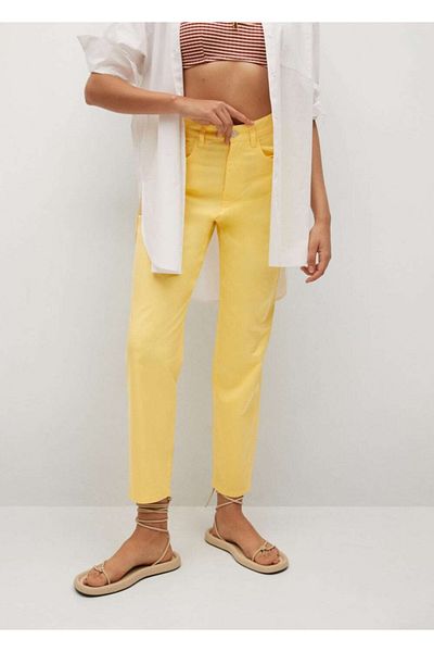 MANGO Woman Dámské pastelově žluté bavlněné kalhoty rovného střihu