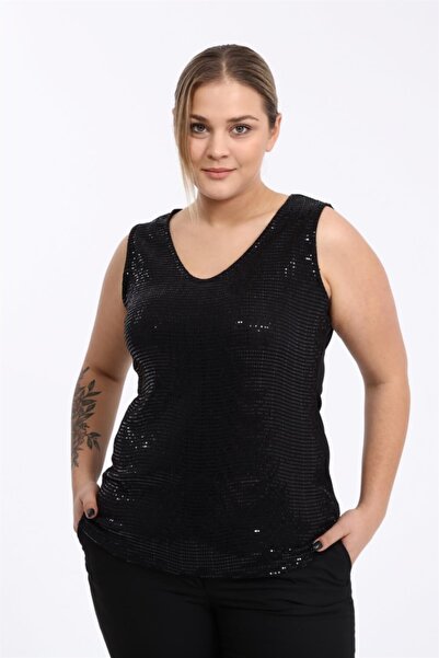 Seamoda Γυναικείο βραδινό φόρεμα με λεπτομέρεια με στάμπα με λαιμόκοψη σε σχήμα V, μεγάλο μέγεθος, μαύρο