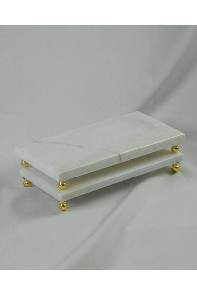 MERALP Presentation Plate / Serving Plate 2-Piece Gold Bead Real Marble Cake Presentation, Metal Profile Ball Foot