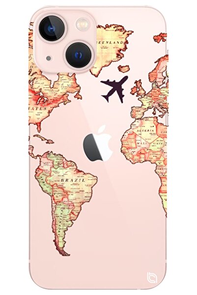 WANNA PROTECT Iphone 13 Dünya Harita Desenli Desenli Şeffaf Silikon Telefon K...