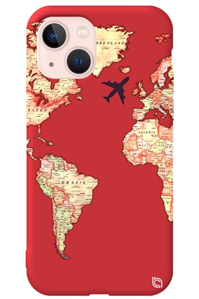 WANNA PROTECT Iphone 13 Kırmızı Renkli Premium Içi Kadife Dünya Harita Desenl...
