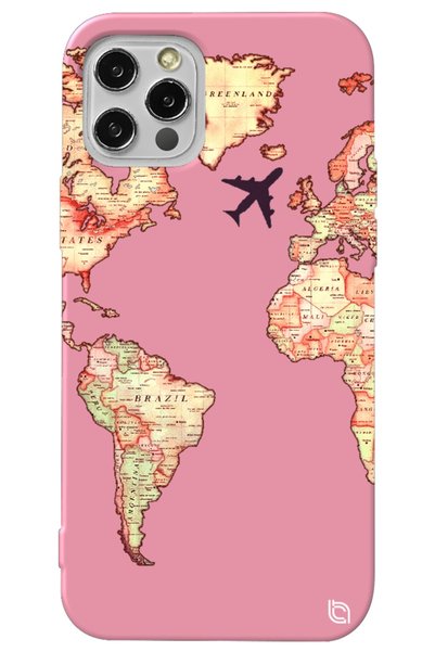 WANNA PROTECT iPhone 13 Pro Pink Color Premium Velvet World Map Patterned Sil...