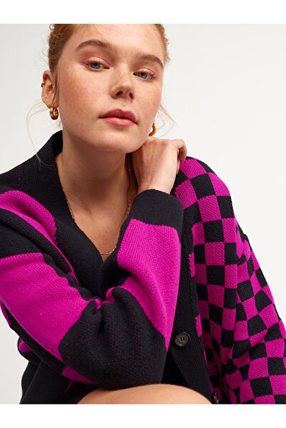 Dilvin 60127 V-Neck Plaid Patterned Knitwear Cardigan-red raspberry