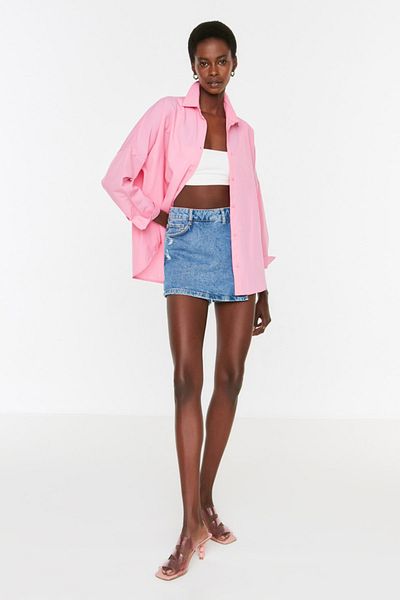 Trendyol Collection Oversize rózsaszín pamut szőtt ing – széles szabású TWOSS22GO0669