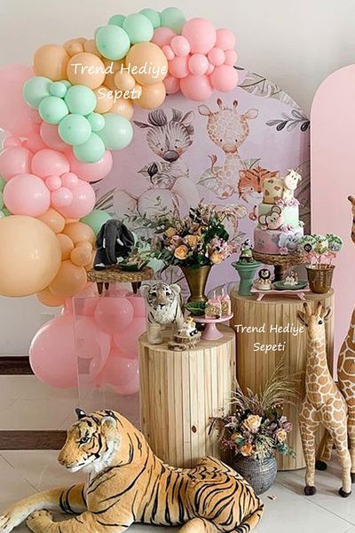 Trend Hediye Sepeti Macaron Pastel Pink Green Salmon 100 Pieces Safari Balloon Chain
