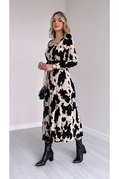 NY Women's Black Cream Gipe Viscose Belt Slit Dress