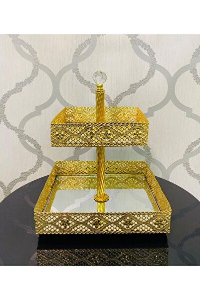AKMETAL Hürrem Aynalı Altın Motifli Iki Katlı Kare Bayram Şekerlik Çikolatalık