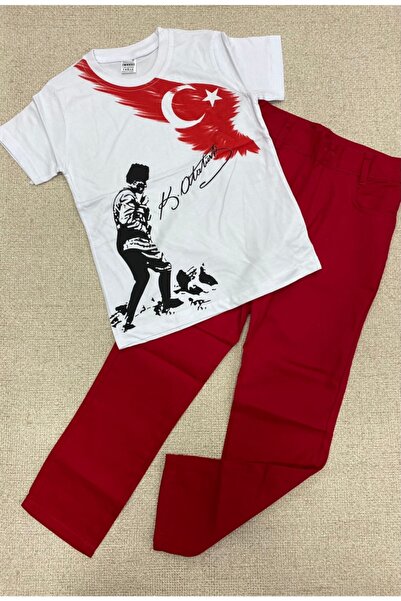 1983 GÖKKUŞAĞI KİDS ÇOCUKLARIN RENKLİ DÜNYASI Design Kocatepe Printed Ancestor Flag T-shirt and Red Pants Combination