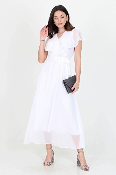 Neşeli Butik Rochie lungă din șifon, cu guler dublu, detaliu cu șireturi, pentru femei, sezon nou Nb0001