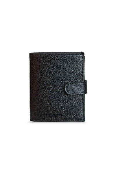 GUARD Genuine Leather Men's Black Multi-Compartment Placket Vertical Wallet
