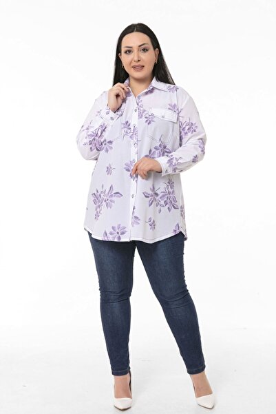 DISENTIS MODEST قميص أبيض بنمط زهور أرجوانية بأكمام مطوية وجيب مزخرف