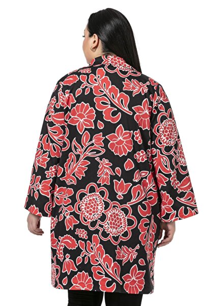 DISENTIS MODEST Mono Collar Sleeve Length Ankle-Length Fleto Pocket Lined Red Flower Patterned Women's Jacket