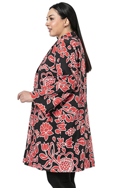DISENTIS MODEST Mono Collar Sleeve Length Ankle-Length Fleto Pocket Lined Red Flower Patterned Women's Jacket