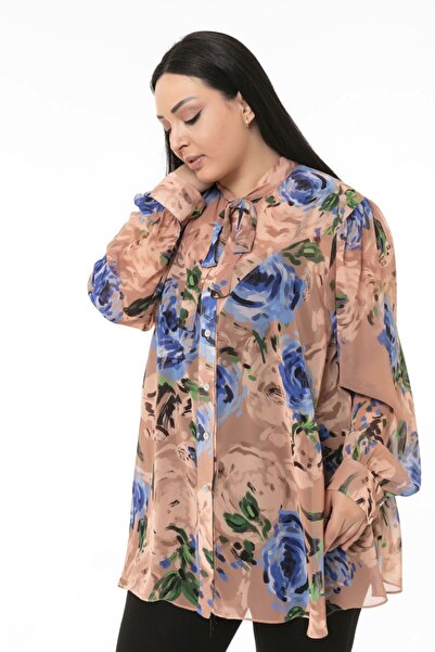 DISENTIS MODEST Πουκάμισο σιφόν μινκ με floral σχέδιο μεγάλου μεγέθους με κασκόλ και μανσέτες