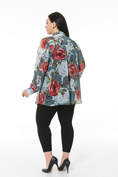 DISENTIS MODEST Plus Size Floral Patterned Turquoise Chiffon Shirt with Scarf and Cuffs