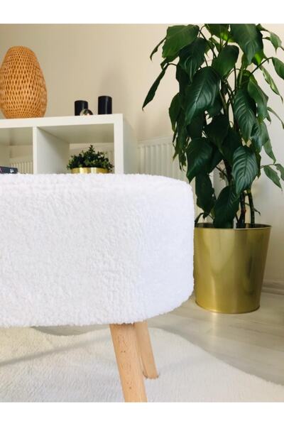 WEBPANYA Gürgen Ahşap Ayak Kırık Beyaz Pofidik Tedy Handmade Oval Puf Bench Sandalye