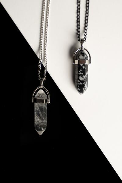 Taşmeran Kristal Kuvars-obsidyen Doğal Taş Çivi Çift Sevgili Kolyeleri Tky0239