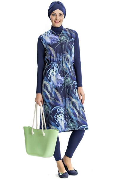 Armes Yelekli Tam Kapalı Tesettür Mayo Desenli Lacivert