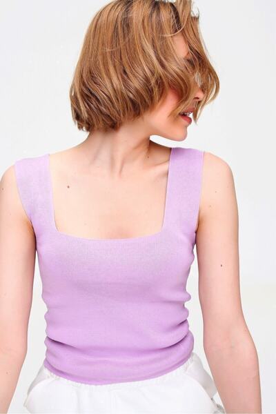 IŞILDA Kadın Lila Askılı Kare Yaka Crop Bluz