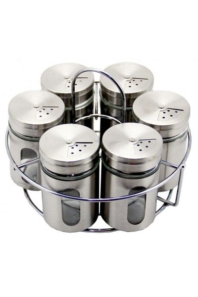 Perotti Silva 6-Piece Metal Salt Shaker with Stand and Glass Inside and Outside