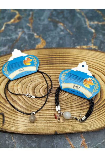 By Damla Collection Natural Stone - Taurus Bracelet + Necklace Gift - Chalcedony Stone - Unisex