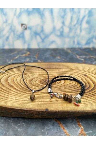 By Damla Collection Natural Stone - Leo Zodiac Bracelet + Necklace Gift - Tiger Eye Stone - Unisex
