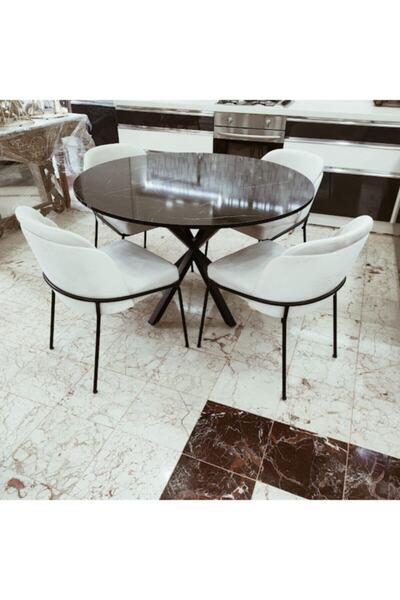 ALTAN HOME 100 Çap Siyah Mermer Desen Masa Metal Ayaklı Lüks Sandalye