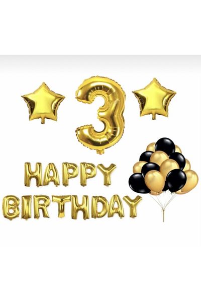 Deniz Party Store Gold 3 Year Old Happy Birthday Set with Foil Balloons and Stars