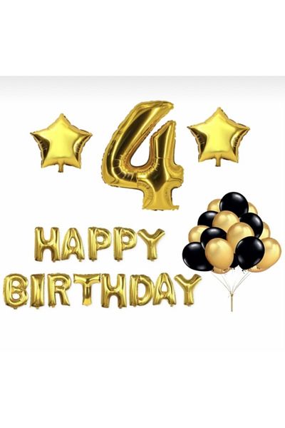 Deniz Party Store Gold 4 Years Happy Birthday Set with Foil Balloons and Stars