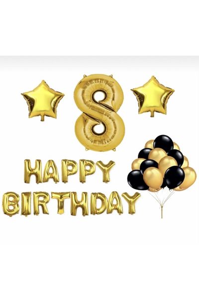 Deniz Party Store Age 8 Happy Birthday - Star Gold Foil and Balloon Star Set
