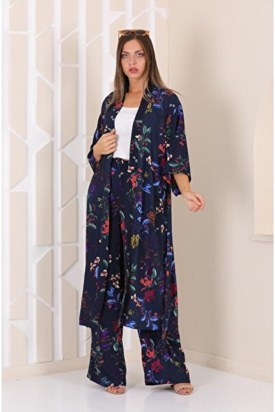 Kadın Lacivert Çiçek Desenli Pantolonlu Kimono Takım Yy101003