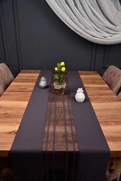 FemsBrown Antrasit Renk Çizgili Model Lazer Kesim Runner Masa Örtüsü