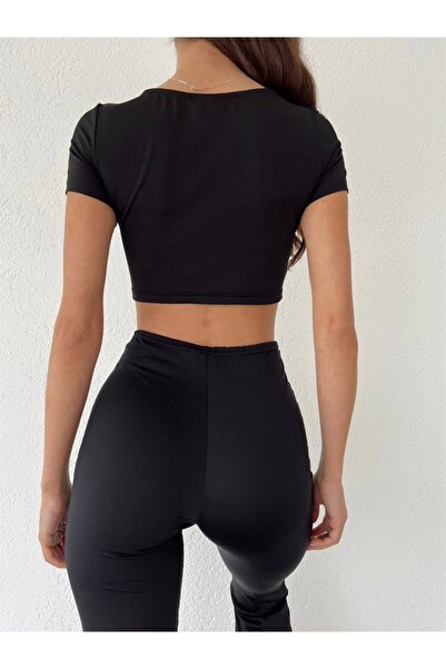 laughs Γυναικεία μαύρη μπροστινή μπλούζα με λαιμόκοψη με κοντό μανίκι Blz1055