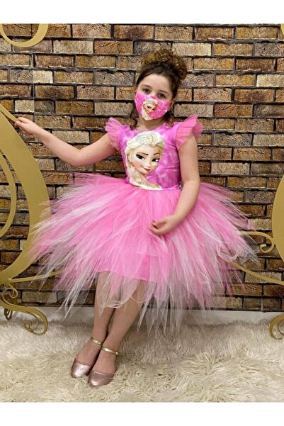 Pumpido Pembe Taşlı Frozen Kız Maskeli Parti Elbisesi