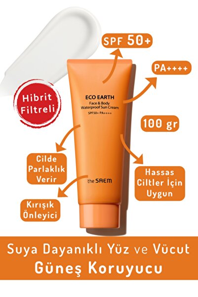 THE SAEM Suya Dayanıklı Yüz Vücut Güneş Koruyucu 100 gr - Eco Earth Face & Body Waterproof SPF 50+ ve PA++++