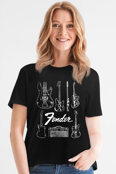 ROCKANDROLL Tricou Fender Guitar Black cu mânecă scurtă pentru femei