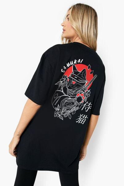 ROCKANDROLL mačka Samuraj crna majica kratkih rukava Štampano Žene Oversize k...