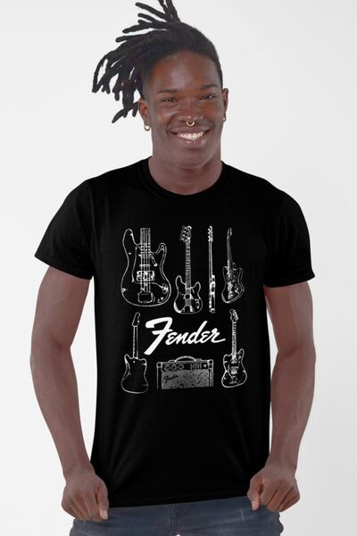 ROCKANDROLL Tricou Fender Guitar Black cu mânecă scurtă pentru bărbați