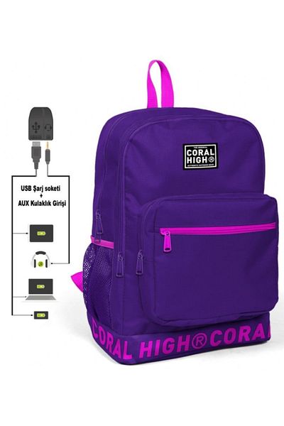 Coral High Rucsac de zi cu logo brodat violet-roz pentru liceu, liceu și zilnic (cu priză USB și Aux)