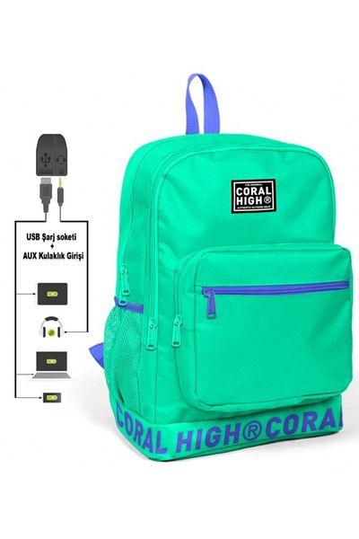 Coral High Rucsac verde brodat cu logo pentru liceu, liceu și zilnic (cu priză USB și Aux)