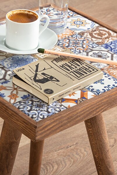 Resmo Esperanza Ceviz Sehpa 32x32cm Doğal Masif Seramik Zigon Yan Sehpa Salon Mobilya