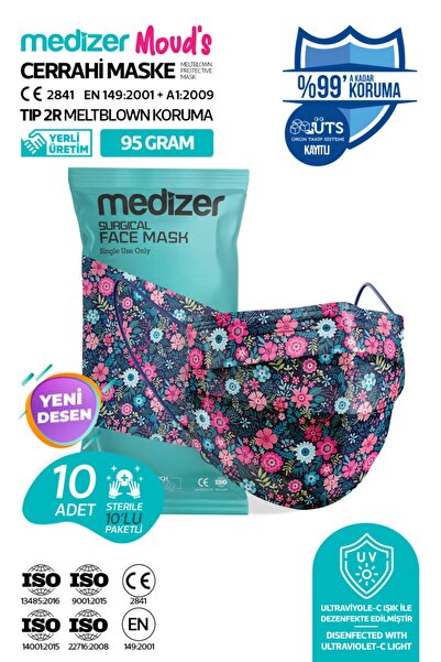Medizer Meltblown Blue Flos Desenli Cerrahi Maske - 10'lu 1 Paket