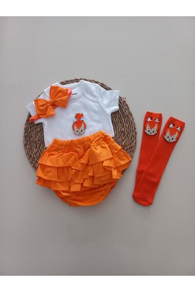 Grande Home Çakıl Turuncu Fırfırşort Kız Bebek Çoraplı Takım