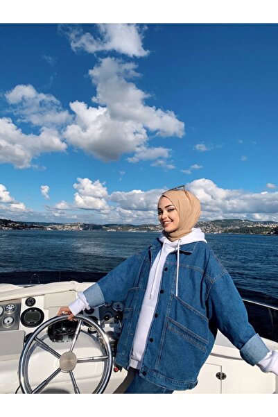 Qeysa Kadın Açık Mavi Vintage Oversize Kot Ceket