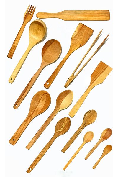 Kitchen Mania 15 قطعة من ملعقة خشب الزان المزيتة، ملعقة خشبية، مغرفة تقديم، شوكة خشبية، مجموعة ملقط وحامل
