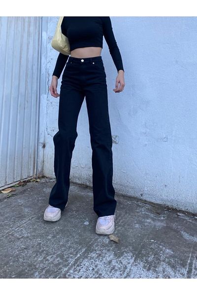 Trn JNS Eyşan 90's Black Extra ψηλόμεσο Palazzo Loose Jean παντελόνι
