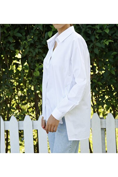 KAROL Beyaz Yanları Düğmeli Poplin Gömlek