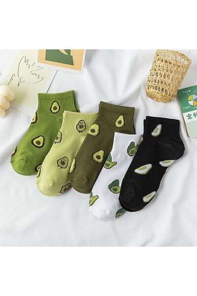 Meguca Socks Комплект дамски получорапи с шарка на авокадо, 5 чифта
